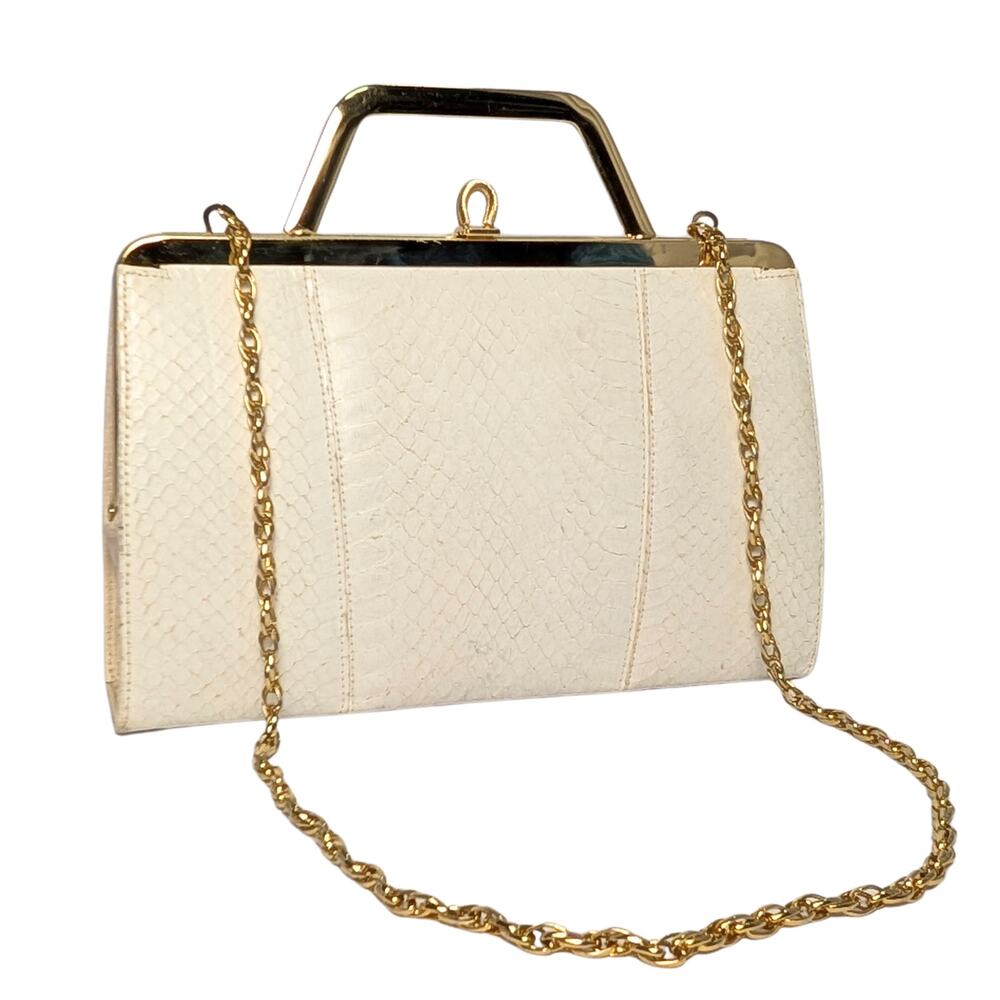 Genuine Snakeskin Vintage Clutch Made in England White Gold Evening Bag